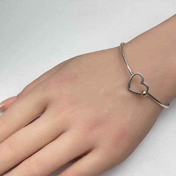 Sterling Silver 925 & 14K Heart Hook Bangle Bracelet Size 6.5" Dainty Minimalist - Picture 2 of 8